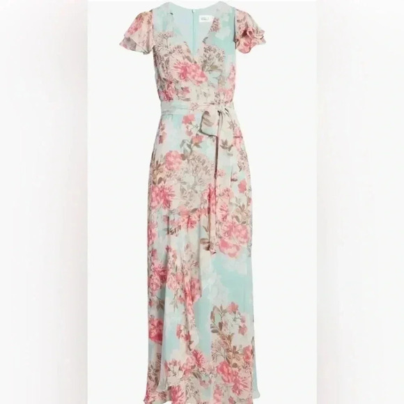 Eliza J Women’s Mint Green Flutter Floral Midi Sleeveless Belted Dress Size 8 - Picture 7 of 11